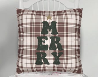 Merry Red Plaid Christmas Pillow Cover, Farmhouse Christmas Style, Winter Home Accent, Double Sided Pint, Multiple Sizes