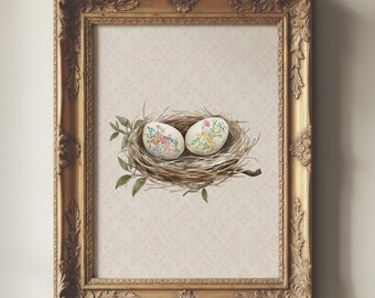 Vintage Birds Nest Spring Artwork, Easter Egg Painting, Easter Poster, Giclee Print, Modern Farmhouse, Multiple Sizes Available