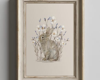 Bunny Artwork, Watercolor Wildflowers, Rabbit Painting, Spring Decorations, Instant Download