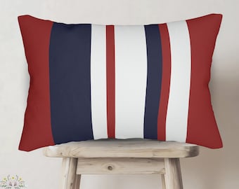 Red White and Blue Striped Lumbar Pillow: Patriotic Home Decor, 4th of July Decorations, Double Sided Print, Concealed Zipper
