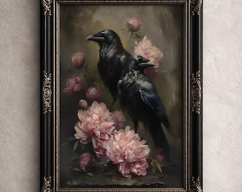 Vintage Raven Digital Print, Crow Painting with Peonies Printable Wall Art, Pastel Goth Romance, Dark Victorian Art, Dark Academia Decor