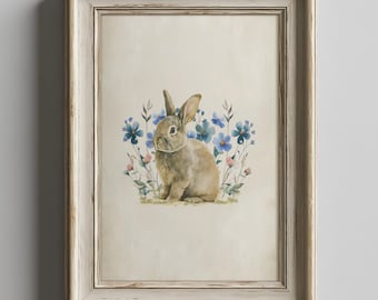 Aquarel konijn schilderij, konijn artwork, lente wilde bloem konijn kunst, Instant Download