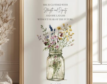 Christian Painting, Proverbs 31 Biblical Art Print, Mothers Day Bible Verse, Watercolor Flower Bible Art, Bible Verse for Women Giclee Print