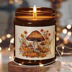 Mushroom Candle in Amber Glass Jar, Cozy Fall and Halloween Decor, Cottagecore Autumn Candle for Home Ambiance