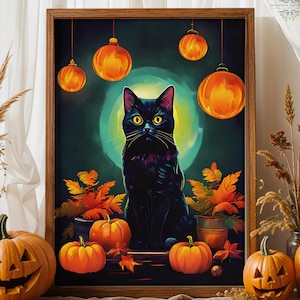 Black Cat Painting, Cat with Pumpkin, Halloween Artwork, Fall Artwork, Whimsical Goth, Witchy Decor, Digital Print