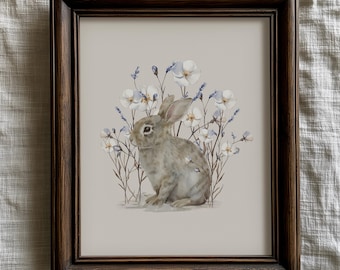Rabbit Watercolor Artwork, Spring Wildflowers, Bunny Painting, Easter Decorations, Multiple Sizes, Giclee Print