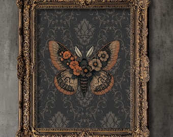 May include: A framed wall art piece featuring a moth illustration with orange and black floral patterns on its wings, set against a dark gray damask background, enclosed in an ornate, antique-style metallic gold rectangular frame.