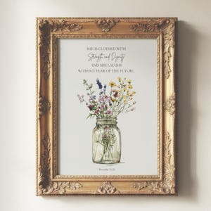 Księga Przysłów 31: Kwiatowa sztuka biblijna, werset biblijny na Dzień Matki, Chrześcijańska grafika ścienna do druku, werset biblijny dla kobiet, dostępne w wielu rozmiarach