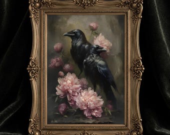 Vintage Flowers and Raven Artwork, Crow Painting, Elegant Gothic Giclee Print, Whimsigoth Victorian Print,Dark Academia Decor,Multiple Sizes