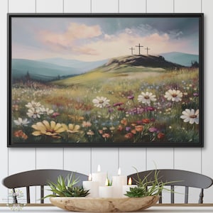 Christian Wall Art, Cross Artwork, He is Risen, Biblical Artwork, Spiritual Artwork, Floral Oil Painting, Church Decor, Framed Canvas
