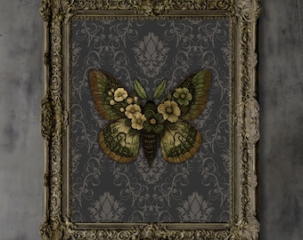 Gothic Moth Art, Vintage Moth Print, Moth and Flowers, Dark Academia Decor, Giclee Print, Multiple Sizes