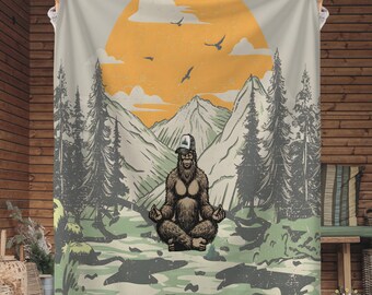 Bigfoot Sherpa Fleece Blanket, Mountain Design Throw Blanket, Forest Cabin Decor, Sasquatch Gift