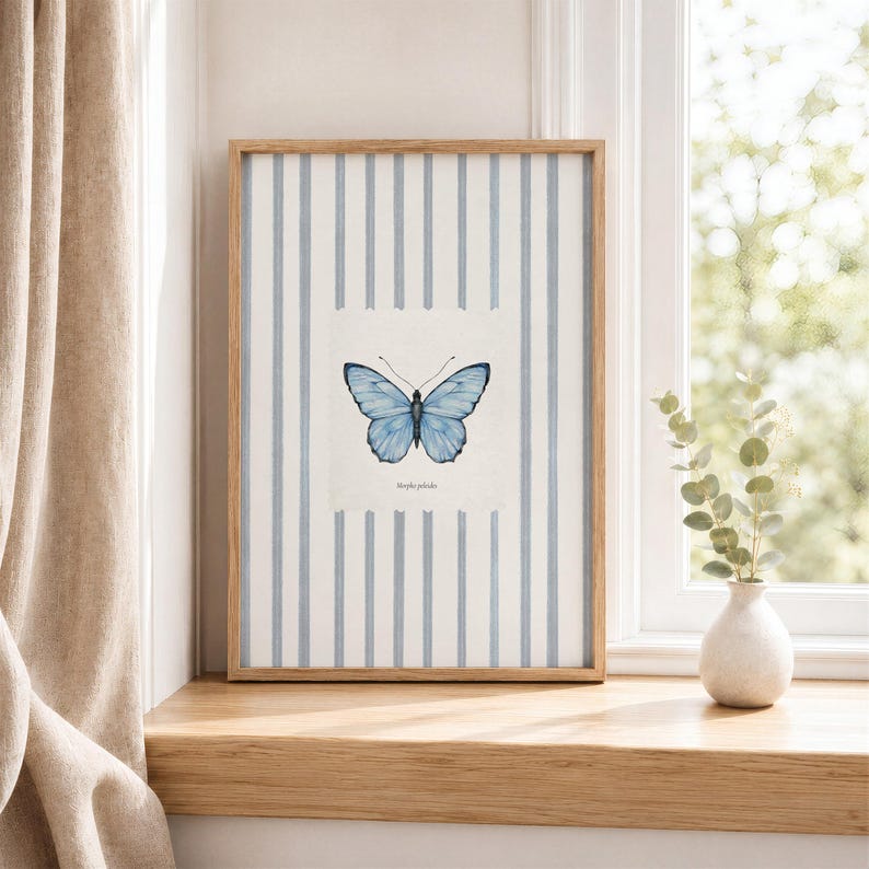 Butterfly Painting, Blue Stripe Giclee Print, Country Cottage Home Decor, Vintage Entomology Insect Art, Multiple Sizes Available