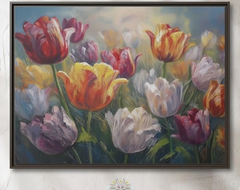 Colorful Tulip Painting, Canvas Tulip Print, Floral Artwork Framed Canvas, Big Wall Art, Spring Decoration, Multiple Sizes