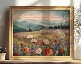 Christelijke kunstwerken Psalm 121, bijbelse kunstafdruk, bijbelvers berglandschap gicleeprint, kerkdecor, meerdere maten beschikbaar