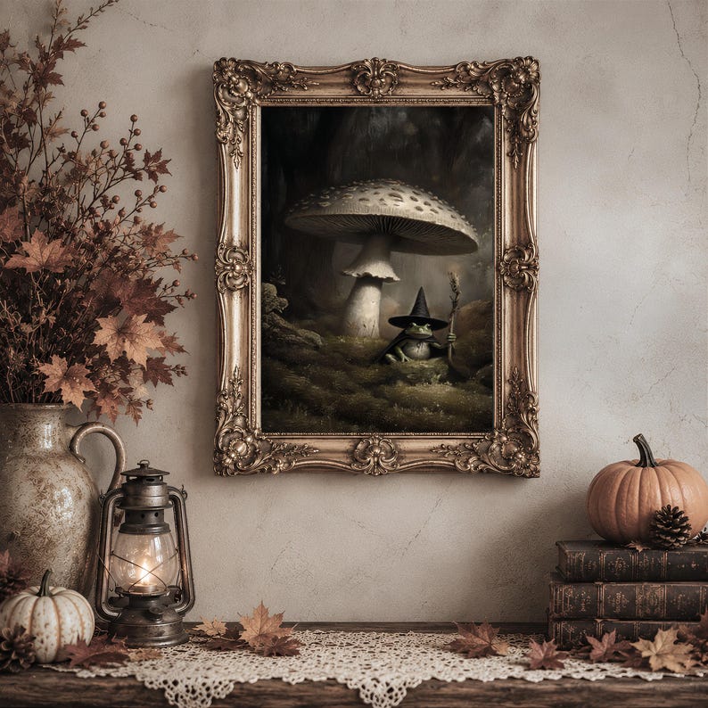 Witchy Frog Painting, Magical Woodland Halloween Artwork, Enchanted Forest Mystical Art,  Dark Cottagecore, Printable Wall Art