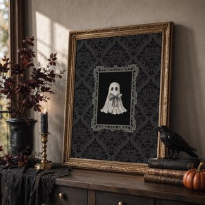 Watercolor Ghost Artwork, Ghost with Bow Giclee Print, Gothic Victorian Halloween Decorations, Dark Academia Decor, Multiple Sizes
