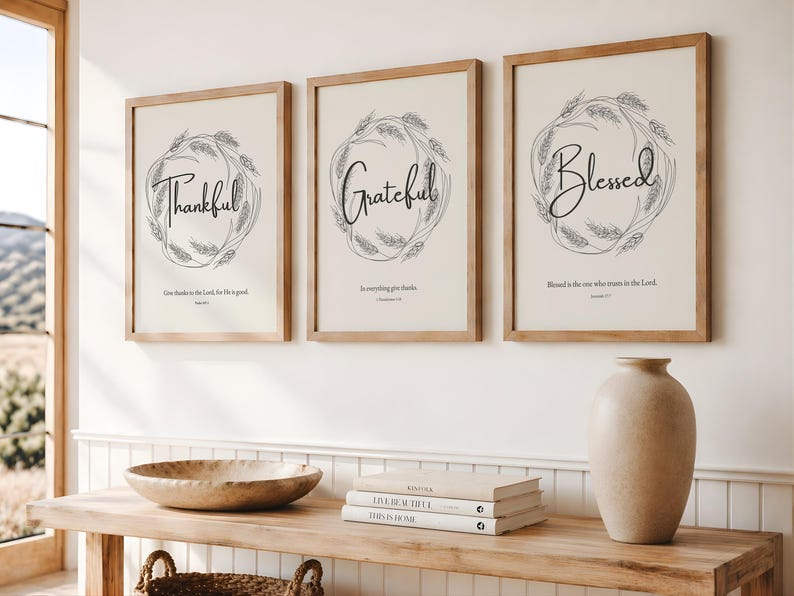 Thankful Grateful Blessed Christian Printable, Biblical Artwork, Bible Quote Wall Art Set of 3, Thanksgiving Decoration, Faithful Home Decor