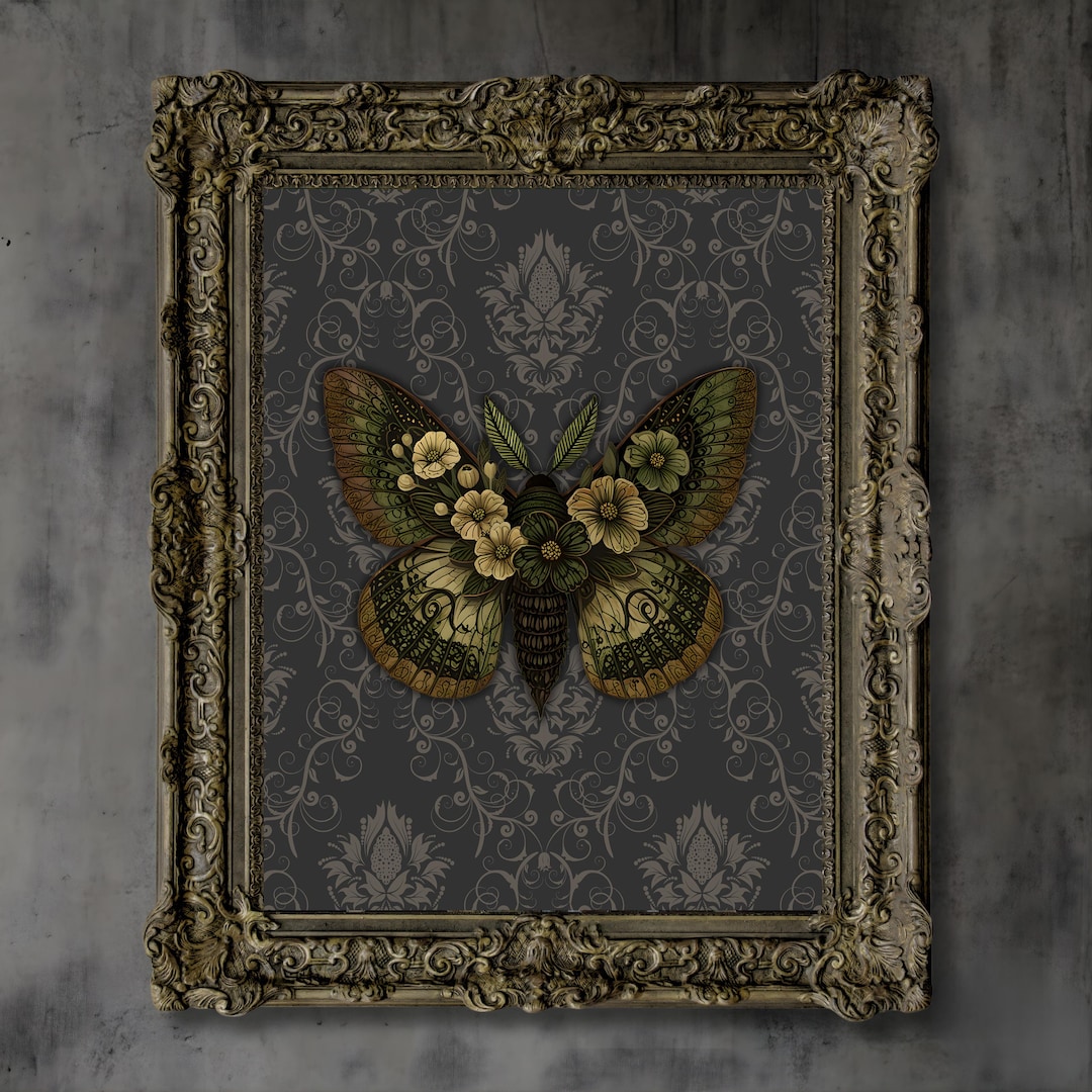 Gothic Moth Art, Vintage Moth Print, Moth and Flowers, Dark Academia ...