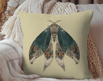 William Morris Inspired Floral Moth Pillow, Cottagecore Pillow, Whimsical Goth Decor, Moth Decor, Double Sided Print, Concealed Zipper