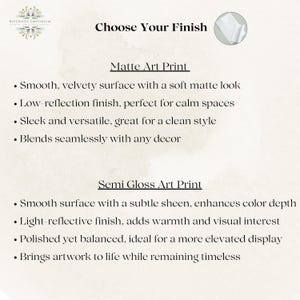 May include: An informational graphic titled Choose Your Finish with the Riverside Emporium logo. It lists features for Matte Art Print, including a smooth, velvety surface, and Semi Gloss Art Print, noting a smooth surface with a subtle sheen.