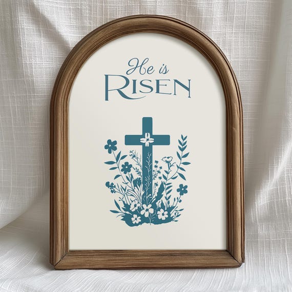 He is Risen Bible Artwork, Delft Blue Floral Cross, Easter Decorations, Christian Printable, Multiple Sizes