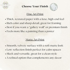 May include: An informational graphic titled Choose Your Finish, comparing Fine Art Print and Matte Art Print. The Fine Art Print section describes thick, textured paper with sharp detail. The Matte Art Print section describes a smooth, velvety surface.