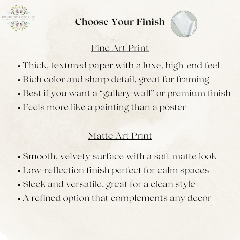 May include: An informational graphic titled Choose Your Finish, comparing Fine Art Print and Matte Art Print. The Fine Art Print section describes thick, textured paper with sharp detail. The Matte Art Print section describes a smooth, velvety surface.