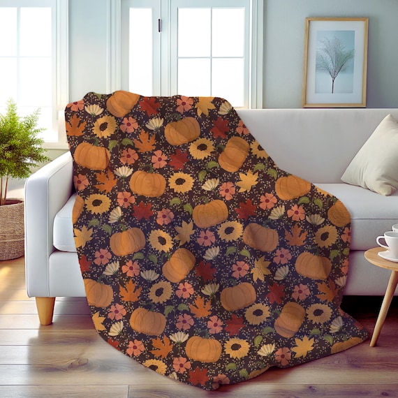 Pumpkin and Leaves Fall Blanket, Cozy Halloween Velveteen Blanket, Floral Autumn Throw, Fall Couch Decor, 3 Available Sizes