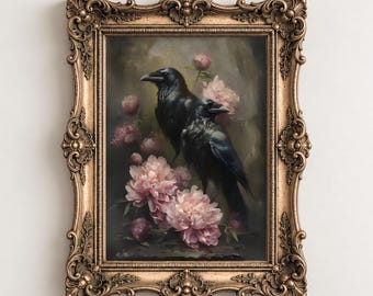 Vintage Flowers and Raven Artwork, Crow Painting, Elegant Gothic Giclee Print, Whimsigoth Victorian Print,Dark Academia Decor,Multiple Sizes