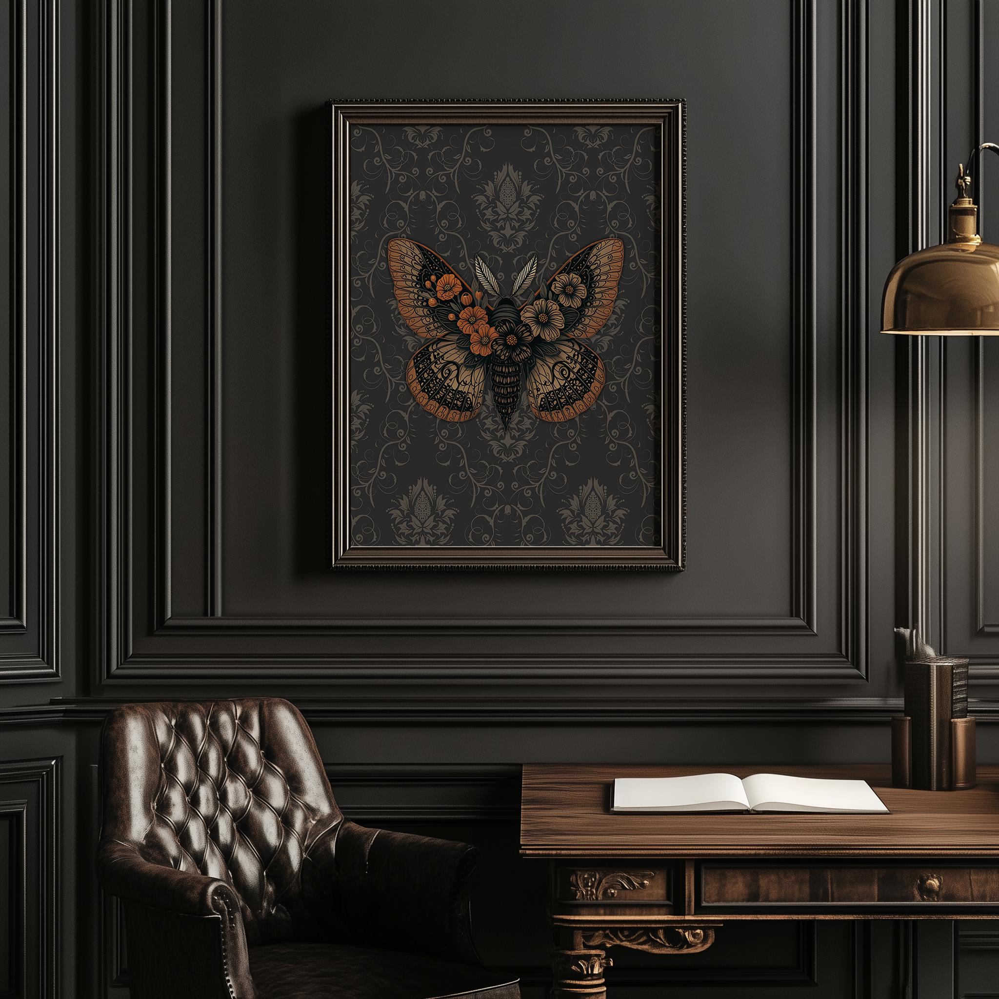 Gothic Wall Art Print, Vintage Moth and Flower Art, Cottagecore, Dark ...