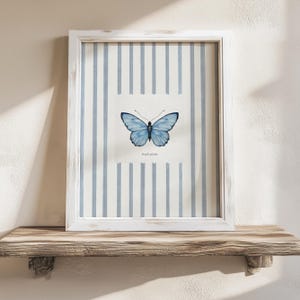Butterfly Painting, Blue Stripe Giclee Print, Country Cottage Home Decor, Vintage Entomology Insect Art, Multiple Sizes Available