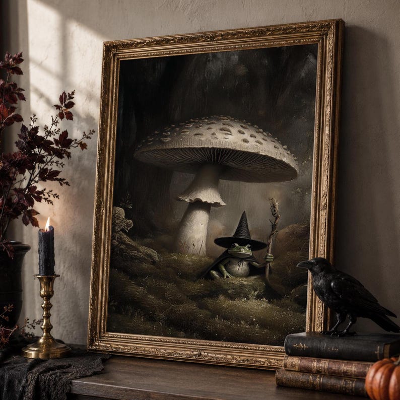 Witchy Frog Painting, Magical Woodland Halloween Artwork, Enchanted Forest Mystical Art,  Dark Cottagecore, Printable Wall Art