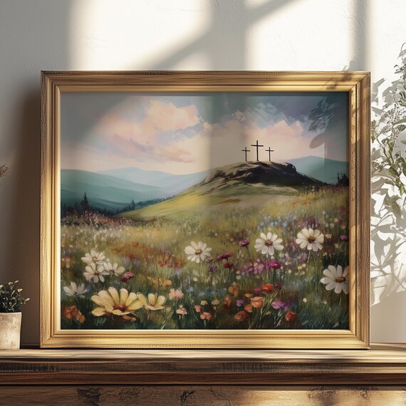 Crosses Painting, Biblical Art Print, He is Risen, Christian Artwork, Mountain Landscape, Church Decor, Faithful Home Decor, Giclee Print