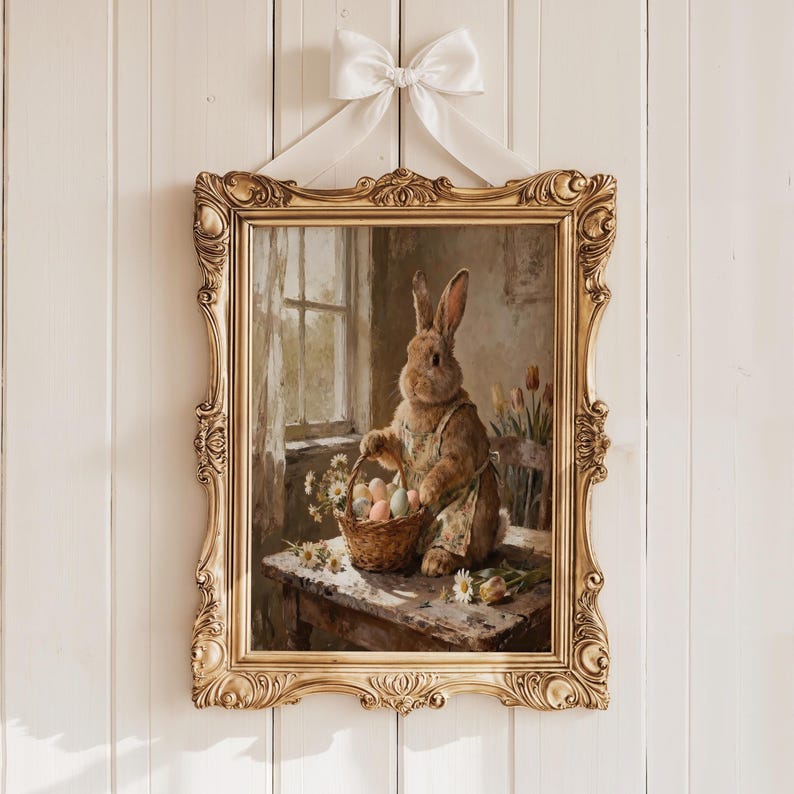 May include: A rectangular wall art piece in an ornate gold frame with a white ribbon bow at the top. The print depicts a brown rabbit wearing an apron, standing at a wooden table with a basket of colorful eggs and white daisies near a window.