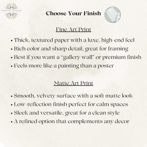 May include: An informational graphic titled Choose Your Finish with a logo for Riverside Emporium. It lists features for Fine Art Print, including thick textured paper, and Matte Art Print, describing a smooth, velvety surface with a soft matte look.