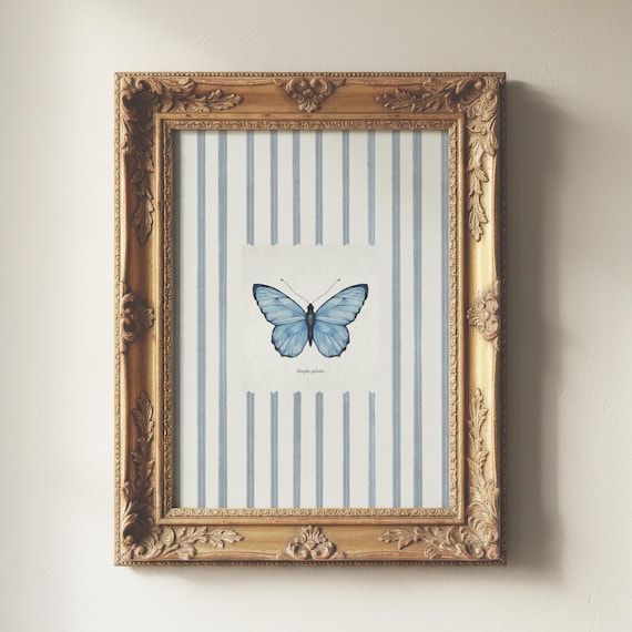 Morpho Butterfly Painting, Blue Stripe Artwork, French Country Decor, Insect Art Giclee Print, Multiple Sizes Available
