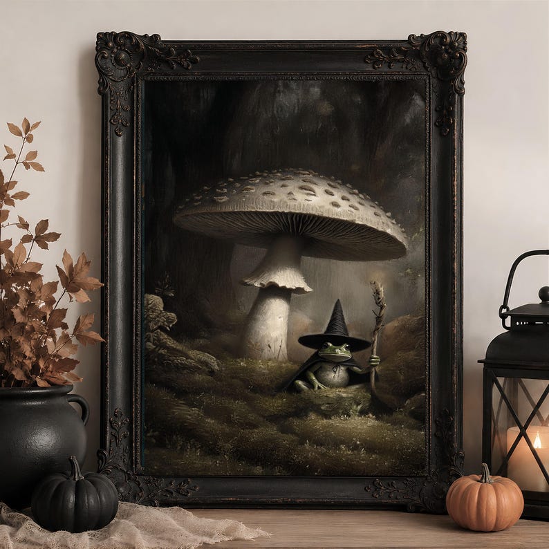 Witchy Frog Painting, Magical Woodland Halloween Artwork, Enchanted Forest Mystical Art,  Dark Cottagecore, Printable Wall Art