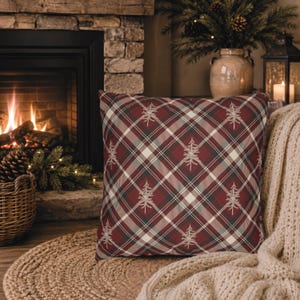 Red Plaid Christmas Throw Pillow Cover, Rustic Pine Tree Design, Holiday Couch Decor, Plaid Cabin Decor, Double Sided Print, Multiple Sizes
