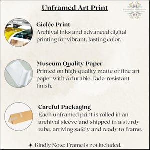 May include: An informational graphic titled Unframed Art Print by Riverside Emporium. It details Gicl&eacute;e printing with archival inks, museum quality matte paper, and careful packaging in a sturdy tube. A note states that the frame is not included.