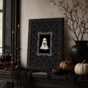 Watercolor Ghost Artwork, Ghost with Bow Giclee Print, Gothic Victorian Halloween Decorations, Dark Academia Decor, Multiple Sizes