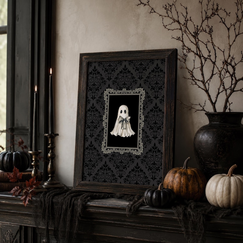 Watercolor Ghost Artwork, Ghost with Bow Giclee Print, Gothic Victorian Halloween Decorations, Dark Academia Decor, Multiple Sizes