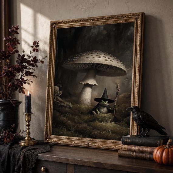 Witchy Frog Painting, Magical Woodland Halloween Artwork, Enchanted Forest Mystical Art,  Dark Cottagecore, Printable Wall Art