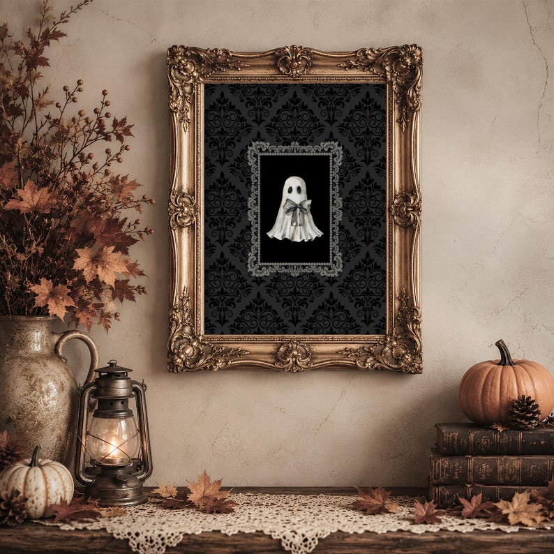 Watercolor Ghost Artwork, Ghost with Bow Giclee Print, Gothic Victorian Halloween Decorations, Dark Academia Decor, Multiple Sizes