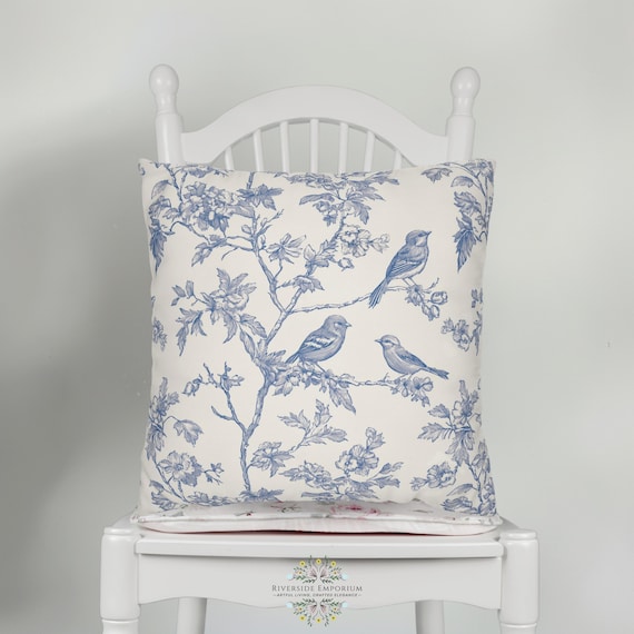 Blue Floral Pillow Cover, Toile de Jouy, Blue Flower Print, Decorative Toss Pillow Cover, Modern Farmhouse Design, Double Sided Print