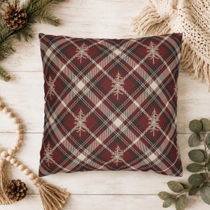 Red Plaid Christmas Throw Pillow Cover, Rustic Pine Tree Design, Holiday Couch Decor, Plaid Cabin Decor, Double Sided Print, Multiple Sizes