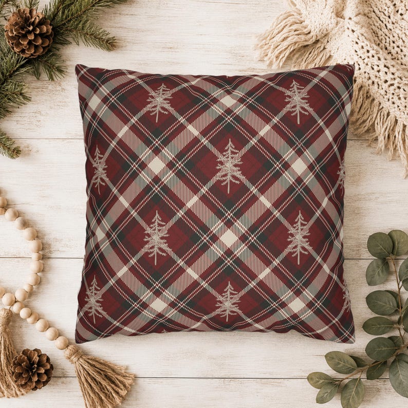 Red Plaid Christmas Throw Pillow Cover, Rustic Pine Tree Design, Holiday Couch Decor, Plaid Cabin Decor, Double Sided Print, Multiple Sizes