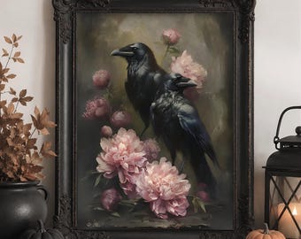 Vintage Raven Digital Print, Crow Painting with Peonies Printable Wall Art, Pastel Goth Romance, Dark Victorian Art, Dark Academia Decor