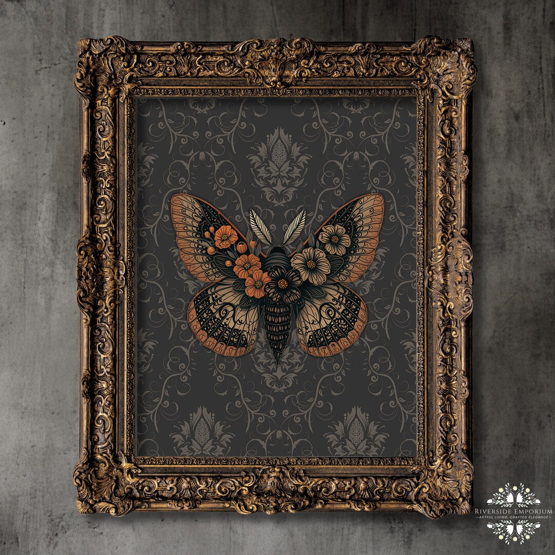 Gothic Wall Art Print, Vintage Moth and Flower Art, Cottagecore, Dark ...
