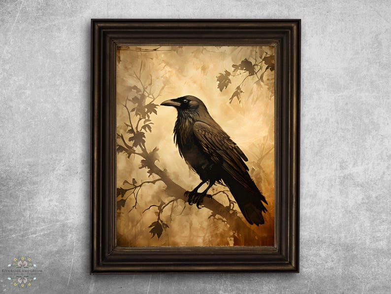 Guardian of the Shadows Raven Art Print Halloween Printable Vintage